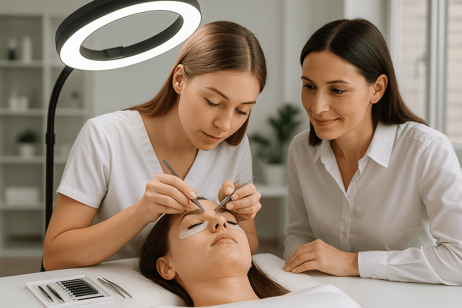 Une technicienne en pleine action, maîtrisant la pose d’extensions cil à cil avec précision et soin, dans un cadre professionnel et accueillant.