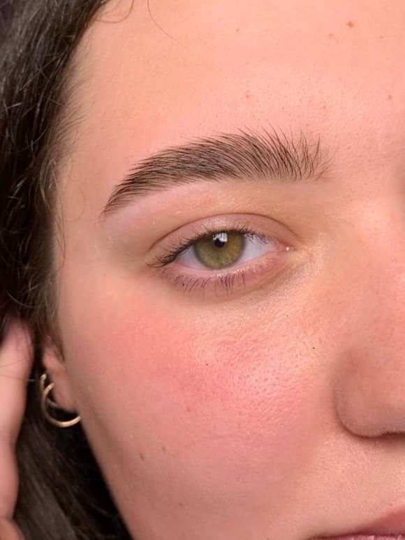 Sourcil dense et redessiné après un brow lift et une coloration au henné, poils peignés vers le haut